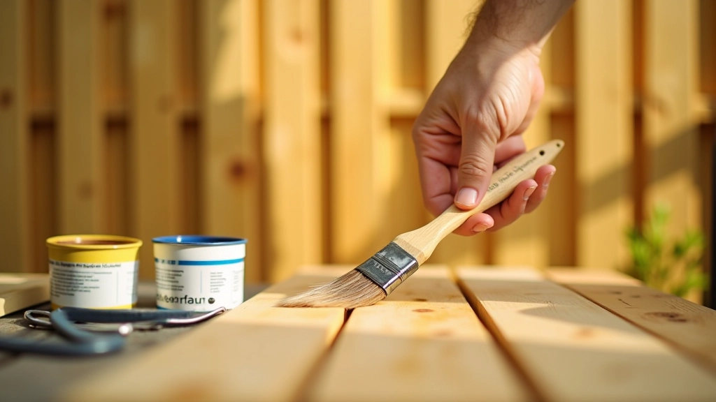 Paintbrush applying wood sealant to fence panels with protective coating