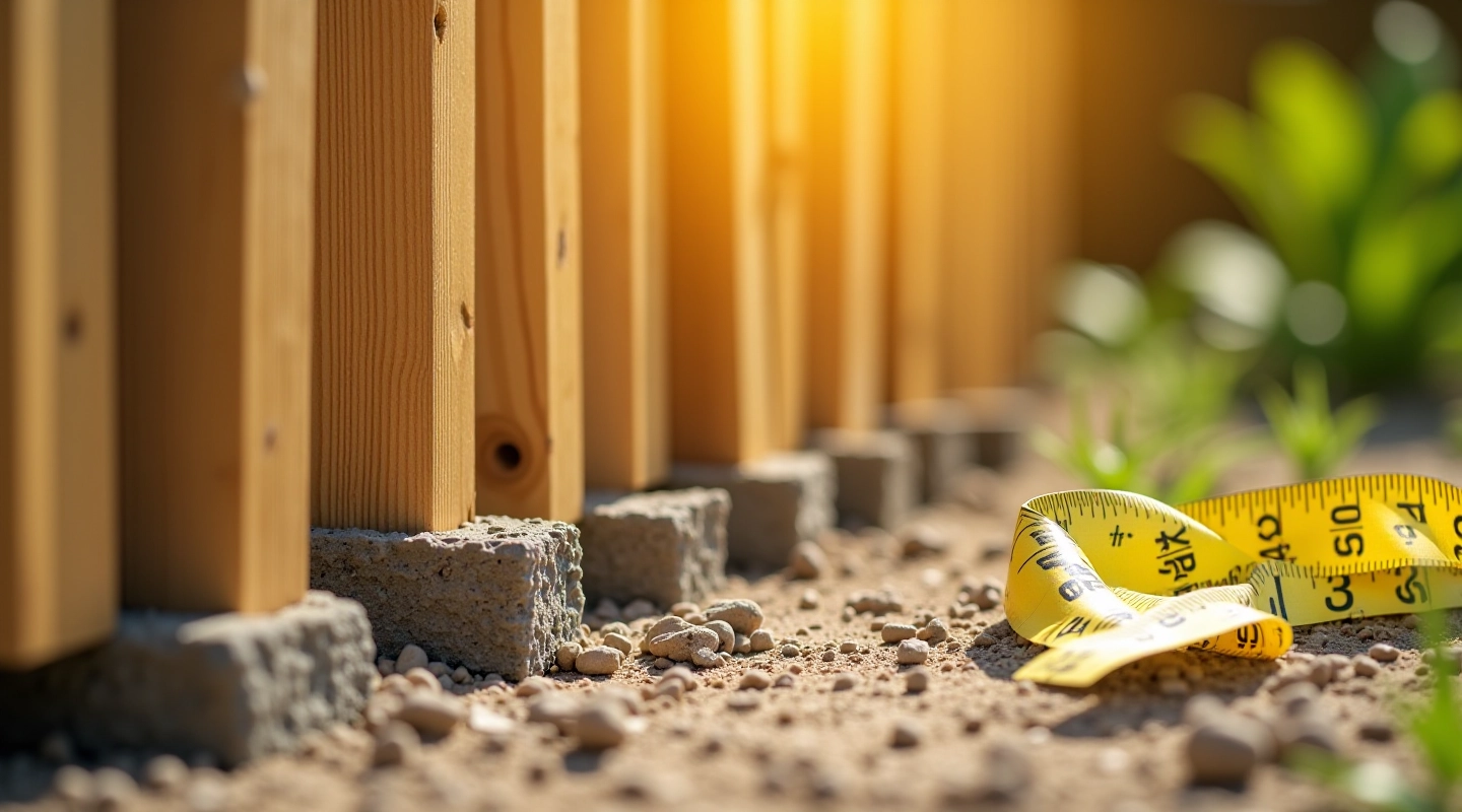 Wooden fence posts set in concrete ground with measurement tools visible